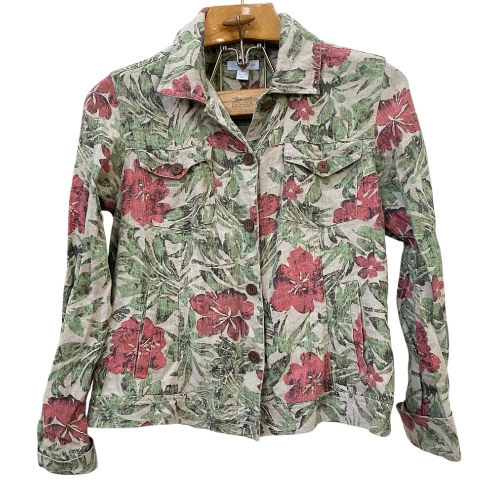 100% Linen Khaki Floral Jacket size M Green Leaves Great Condition